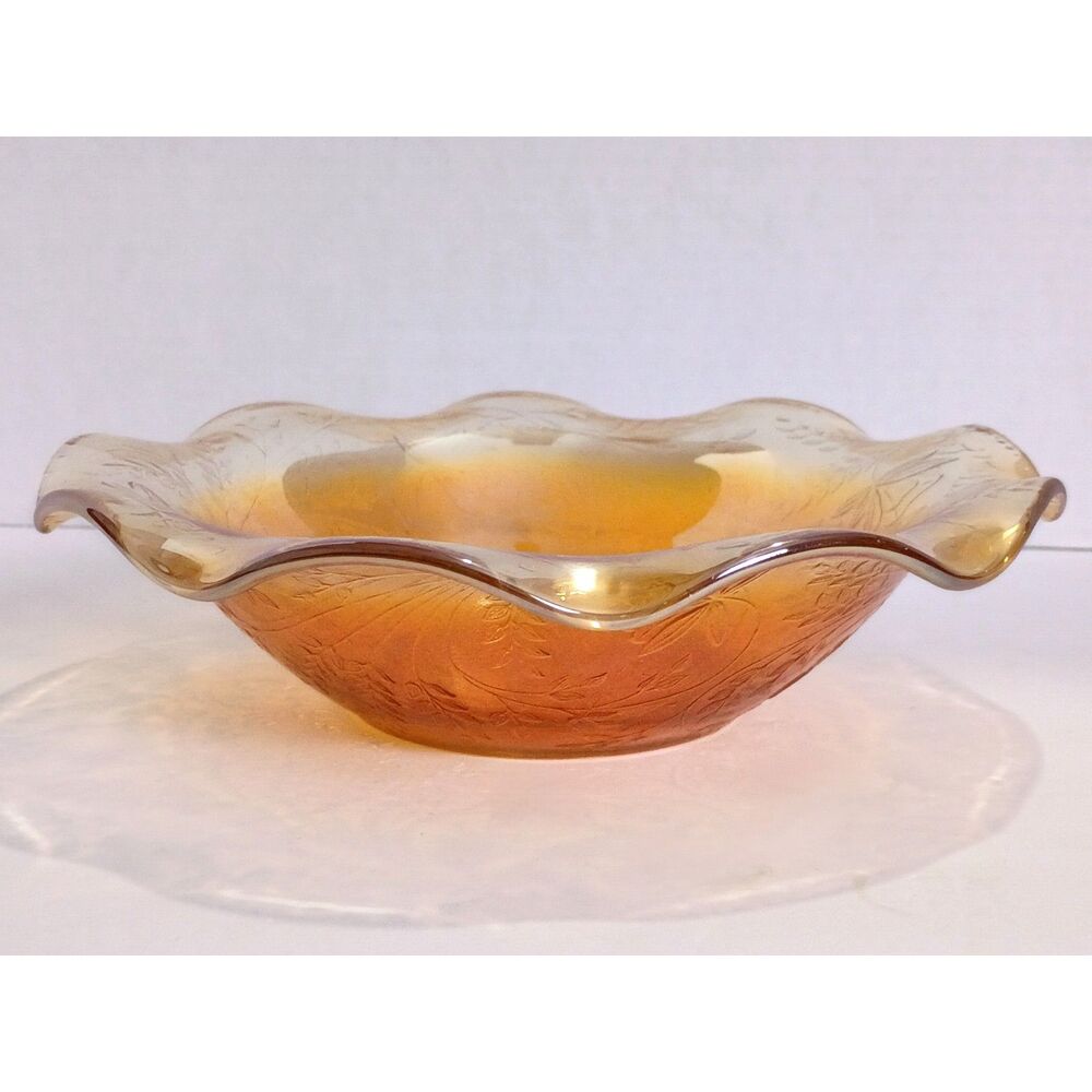 Vintage 50s Jeannette Glass Floragold “Louisa” Marigold Carnival Glass Bowl 9.5"